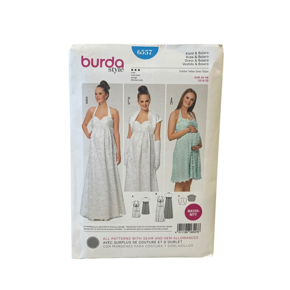 Burda Style 6557 Sewing Pattern Womens Size 8-20 Maternity Dress Bolero Halter